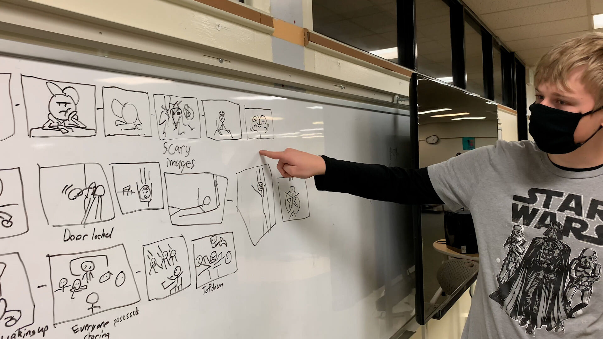 Student-filmmaker William Mooney shows off the process of storyboarding